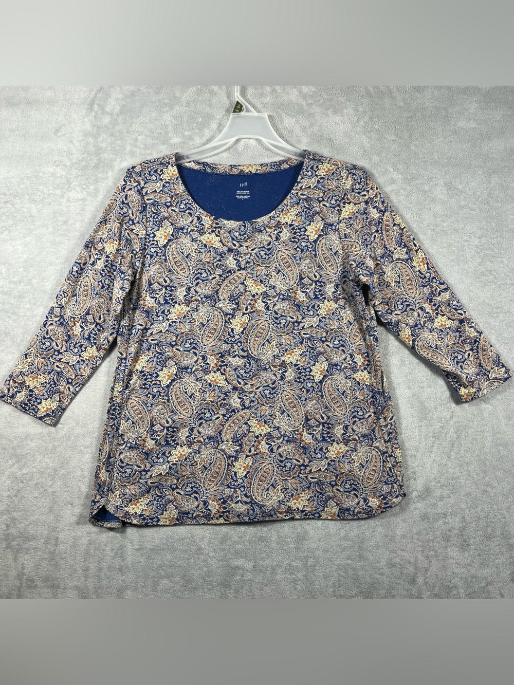 J. Jill Pima Cotton 3/4 Sleeve Scoop Neck Paisley Tee Blue Orange Large TP234801
